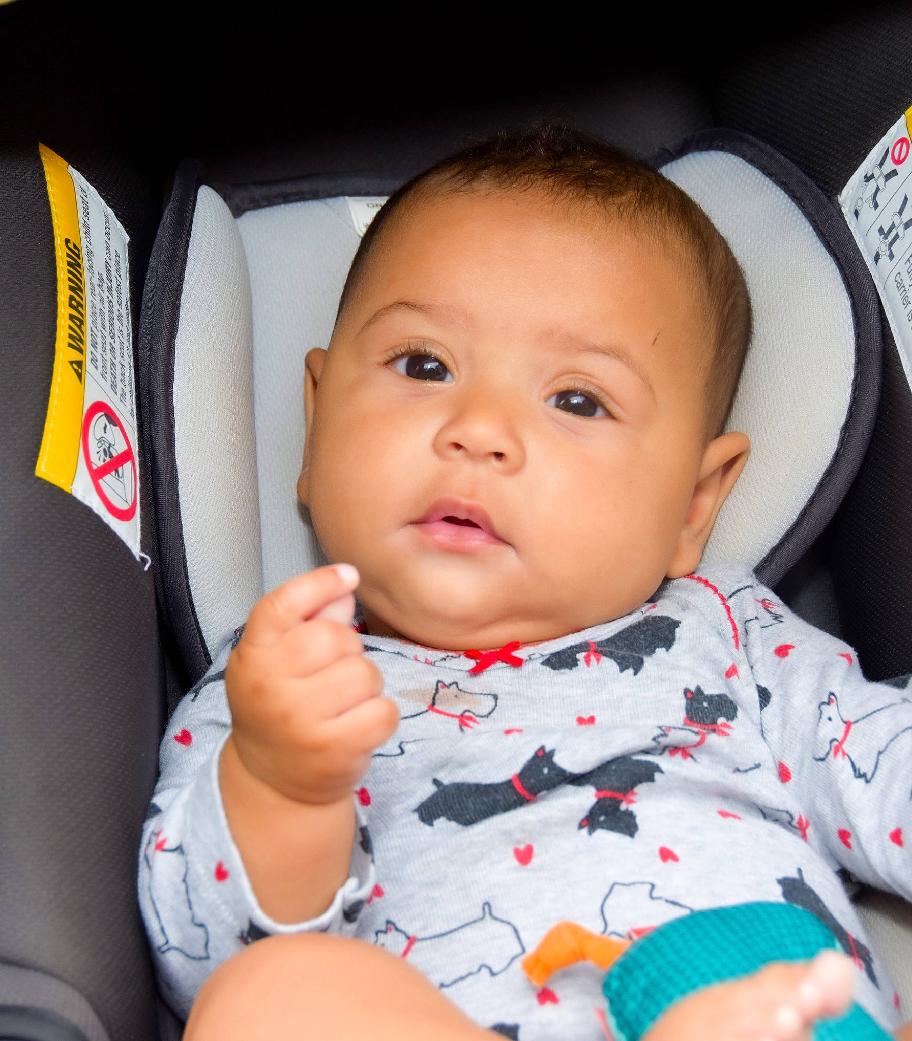 Meilani is registered to the contest to win money with this photo: baby, baby_toddler_clothing, car_seat, carmine, cheek, child, chin, collar, comfort, facial_expression, fun, happy, linens, nose, pattern, person, sitting, skin, sleeve, thumb