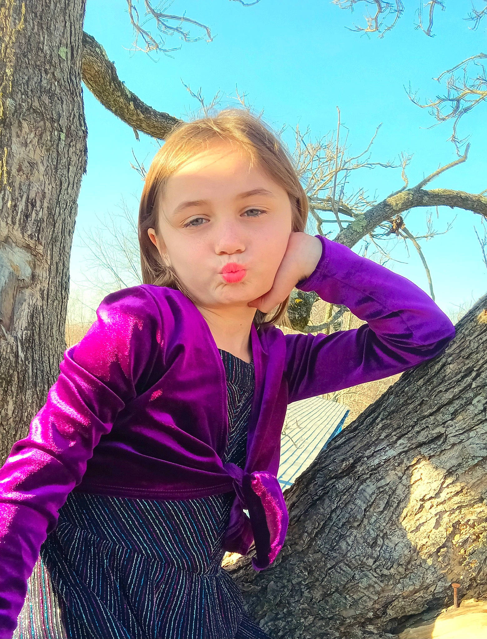 Skylah joined the competition — help win amazing prizes! baby_toddler_clothing, clothing, eye, fun, grass, hairstyle, happy, jacket, leaf, nature, people_in_nature, person, pink, purple, skin, sky, sleeve, toddler, tree, twig