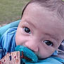 Elijah joined the competition — help win amazing prizes! baby, close_up, pacifier, blue, infant, face, eyes, outdoor, grass, baby_carrier, cute, child, young, person, portrait, head, clothing, comfort, soft, skin