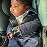 Saraii is registered to the contest to win money with this photo: baby, car_seat, child, clothing, curious, cute, denim, face, hands, indoor, infant, jacket, pants, person, portrait, seatbelt, secure, sitting, socks, young