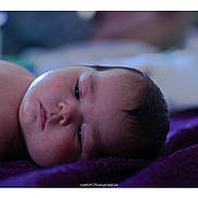 Alyzéa participe au concours pour gagner de l'argent avec cette photo : baby, blanket, bokeh, child, close_up, eyes, face, hair, head, indoors, infant, lying_down, newborn, portrait, purple_blanket, resting, skin, sleepy, soft_lighting, watermark