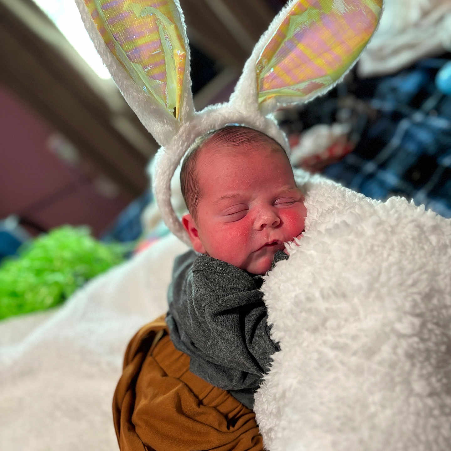 Haze joined the competition — help win amazing prizes! baby, bunny_ears, sleeping, blanket, soft_texture, indoor, cozy, face, cute, child, headwear, clothing, resting, portrait, infant, warm, pink_cheeks, fuzzy, relaxation, toddler