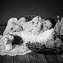 baby, infant, wooden_bed, fluffy_pillow, flowers, vase, blanket, knit_sweater, portrait, black_and_white, soft_texture, decor, cozy, cute, newborn, lying_down, table, homedecor, peaceful, studio_photo