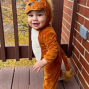 Matthew joined the competition — help win amazing prizes! toddler, child, costume, lion_costume, smiling, outdoor, porch, wooden_floor, brick_wall, autumn, leaves, cute, baby, face, person, standing, happy, animal_costume, footwear, tail
