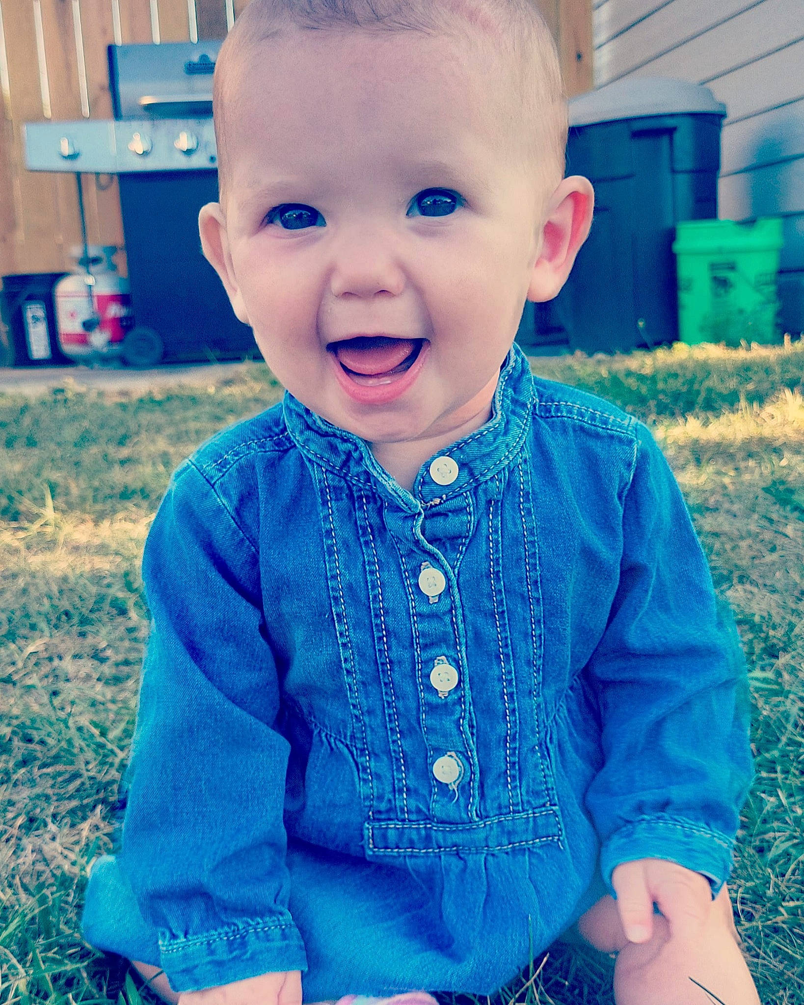 Mckenzie joined the competition — help win amazing prizes! aqua, azure, baby, baby_toddler_clothing, blue, child, cool, dress, grass, happy, iris, person, photograph, skin, sleeve, smile, standing, summer, t_shirt, toddler