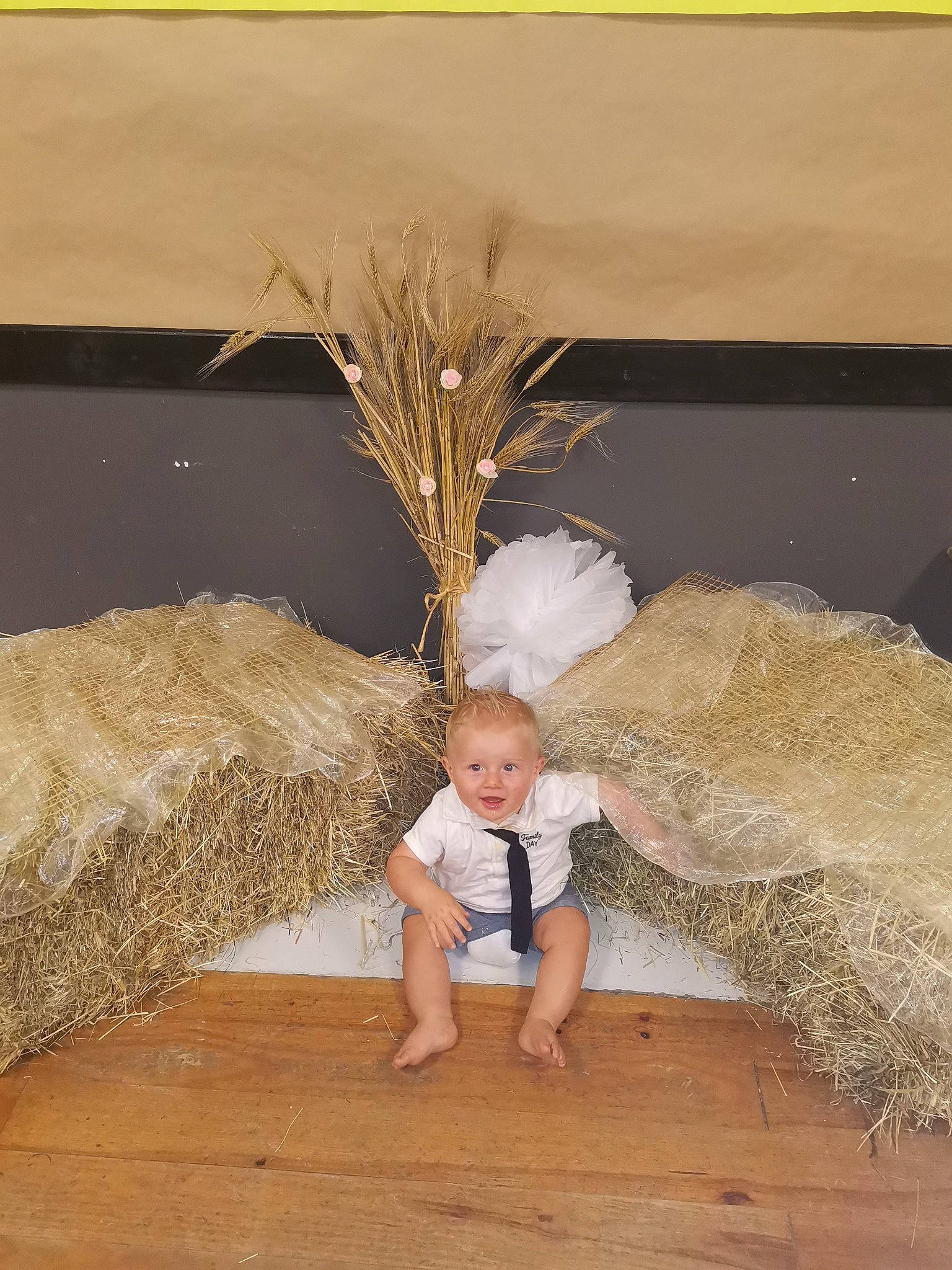 Preston participe au concours pour gagner de l'argent avec cette photo : baby, baby_toddler_clothing, child, comfort, event, fawn, floor, flooring, fun, fur, grass, hardwood, hay, person, room, smile, straw, t_shirt, toddler, wood