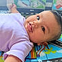 Aadhvin is registered to the contest to win money with this photo: baby, infant, child, play_mat, colorful, face, tongue_out, curious, clothing, purple_shirt, lying_down, skin, head, arm, indoors, floor, toy_mat, pattern, person, young