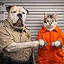 dog, cat, police_officer, prisoner, handcuffs, costume, mugshot, height_chart, orange_jumpsuit, uniform, funny, humor, animal, pet, arrest, law_enforcement, portrait, studio, indoor, role_play