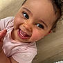 toddler, child, smiling, happy, close_up, face, eyes, pink_shirt, stains, skin, hair, hand, mouth, teeth, floor, wooden_floor, indoor, portrait, cute, innocence