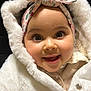 baby, child, smile, face, headband, floral, coat, white, fur, cute, happy, eyes, portrait, warm, clothing, infant, closeup, adorable, expressive, person