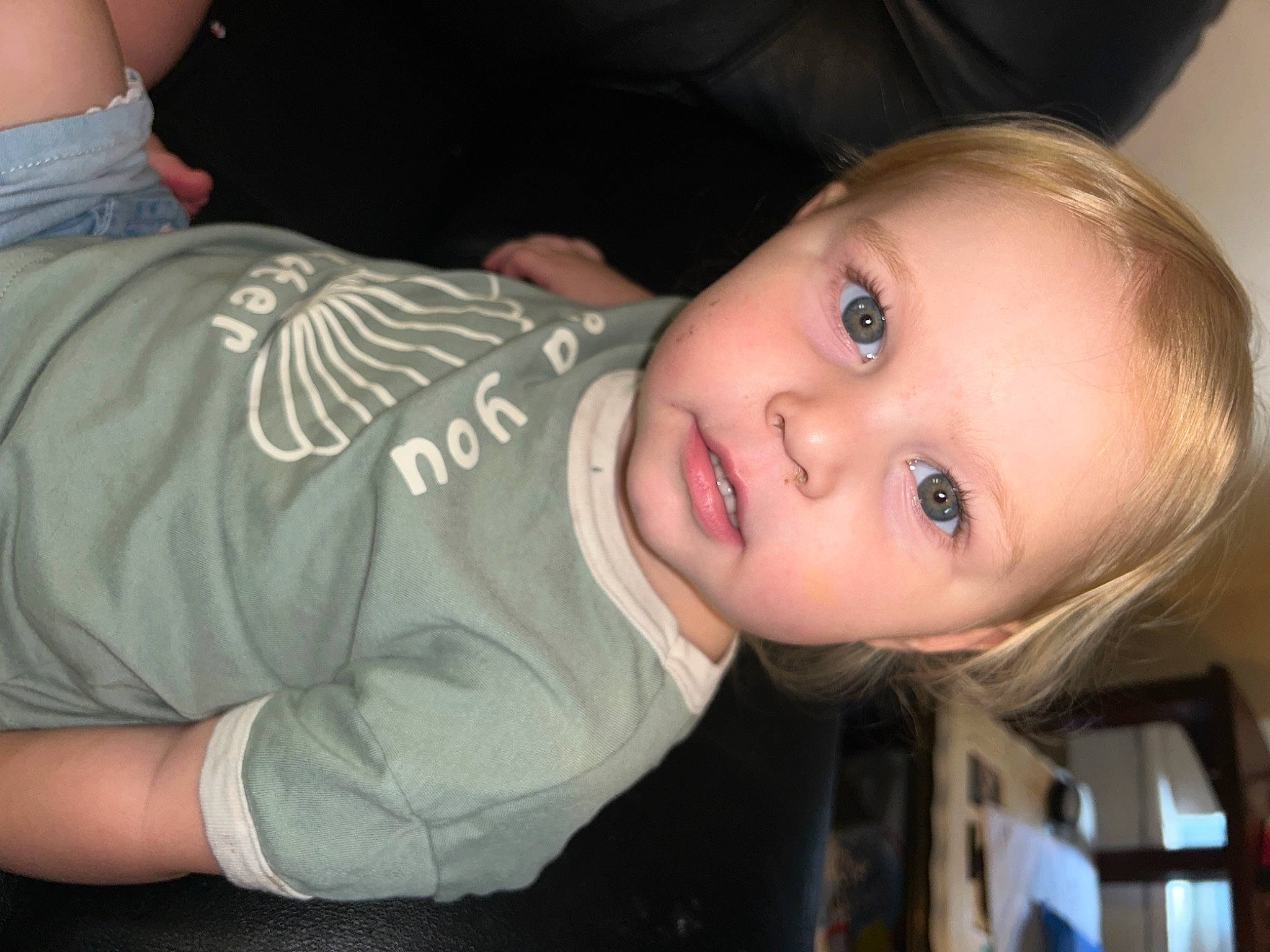 Kaylanna is registered to the contest to win money with this photo: baby, baby_toddler_clothing, cheek, child, chin, eyebrow, eyelash, flash_photography, forehead, fun, iris, lip, mammal, mouth, nose, person, skin, sleeve, smile, t_shirt