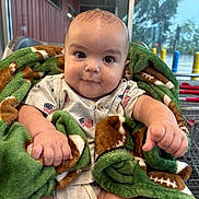 Julius is registered to the contest to win money with this photo: baby, infant, child, blanket, green_blanket, football_pattern, shopping_cart, indoor, clothing, american_flag, cute, chubby_cheeks, portrait, expression, sitting, hand, face, eyes, head, store