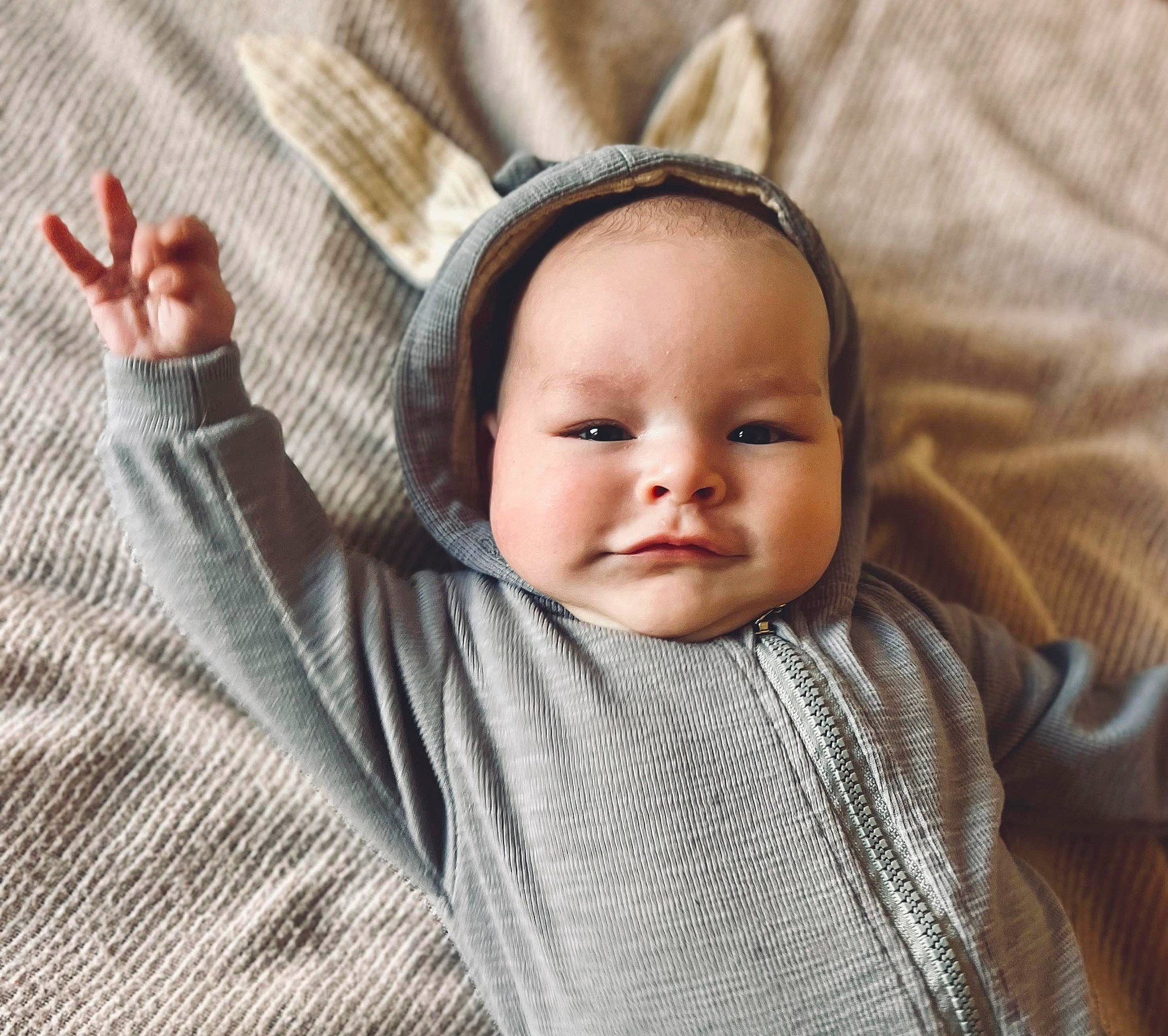 Joey is registered to the contest to win money with this photo: baby, baby_toddler_clothing, cheek, child, comfort, eyelash, fur, gesture, happy, linens, nose, outerwear, person, portrait_photography, sitting, skin, sleeve, smile, thumb, toddler