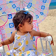 Kridha joined the competition — help win amazing prizes! toddler, child, beach, umbrella, chair, sand, ocean, dress, pattern, flower, colorful, footwear, cute, outdoor, sunny, summer, headband, person, sitting, portrait