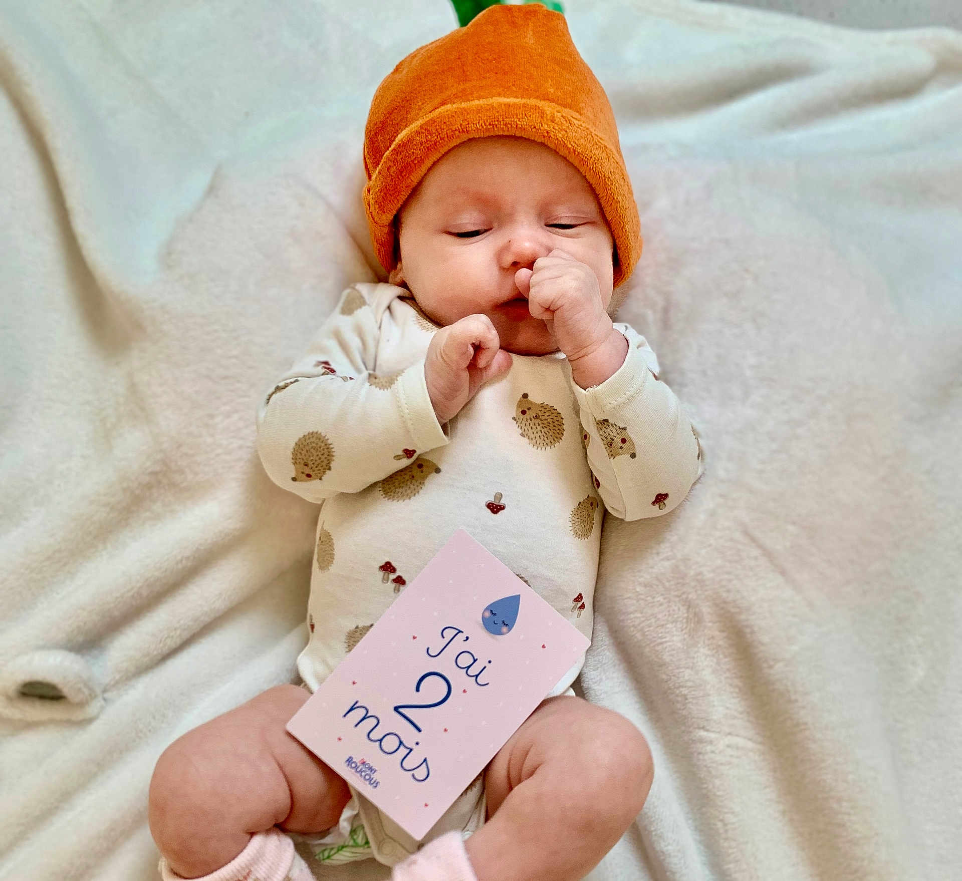 Arianna a rejoint le concours — aidez-le/la à gagner de superbes lots ! baby, infant, orange_hat, onesie, hedgehog_pattern, blanket, card, hand, face, sucking_thumb, cute, sleepy, soft_texture, lying_down, indoors, newborn, two_months, pink_socks, peaceful, portrait