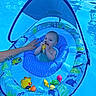 baby, infant, pool, water, inflatable, float, toy, hand, swimming, child, blue, canopy, summer, outdoor, fun, cute, chewing, support, safety, play