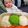 Ryu Nguyen joined the competition — help win amazing prizes! baby, child, food, mashed_food, green_mash, orange_mash, white_mash, tray, person, indoor, airplane, seat, clothing, buttoned_shirt, hand, face, curious, blurred_background, holding, passenger