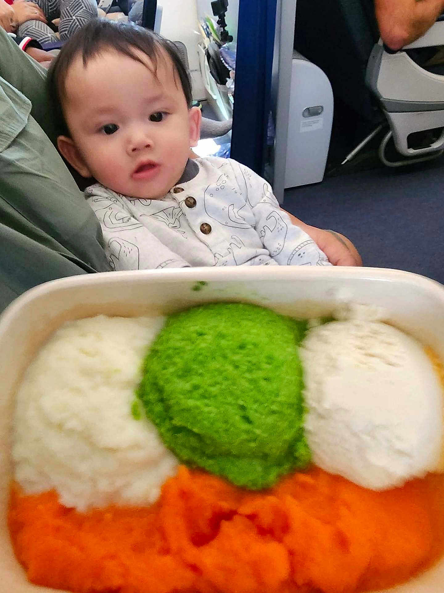 Ryu Nguyen joined the competition — help win amazing prizes! baby, child, food, mashed_food, green_mash, orange_mash, white_mash, tray, person, indoor, airplane, seat, clothing, buttoned_shirt, hand, face, curious, blurred_background, holding, passenger