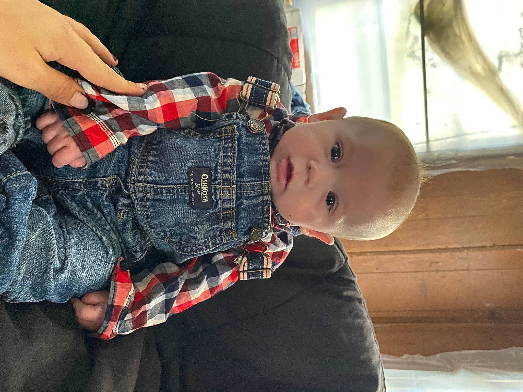 Tucker is registered to the contest to win money with this photo: abdomen, baby, baby_toddler_clothing, button, child, collar, elbow, fashion_accessory, gesture, pattern, person, plaid, sitting, sleeve, tartan, thigh, toddler, toy, trunk, waist