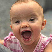 Wrenley joined the competition — help win amazing prizes! baby, child, smiling, happy, face, mouth_open, eyes, pink_clothing, striped, infant, closeup, portrait, cute, cheerful, skin, hand, soft_focus, outdoor, expression, young