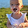 Wrenley joined the competition — help win amazing prizes! cake, celebration, child, cute, face, frosting, grass, hands, happy, lake, messy, nature, outdoor, portrait, smiling, summer, sunlight, toddler, white_shirt, yellow_pants