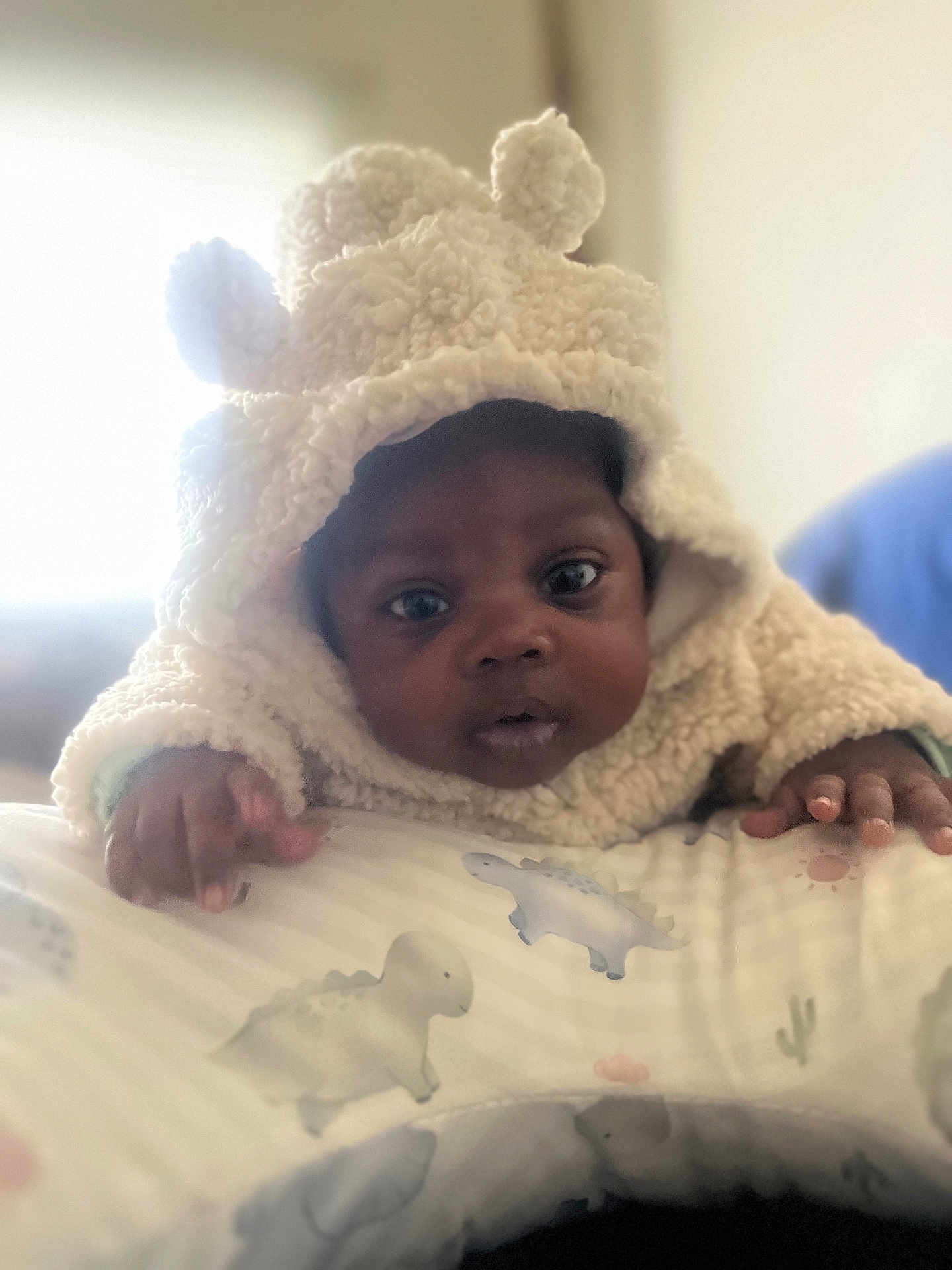Topaz Webb joined the competition — help win amazing prizes! baby, child, hoodie, fluffy, pillow, dinosaur_pattern, curious, wide_eyes, indoor, soft_lighting, cute, infant, portrait, warm_clothing, hand, face, cozy, lying_down, expression, young