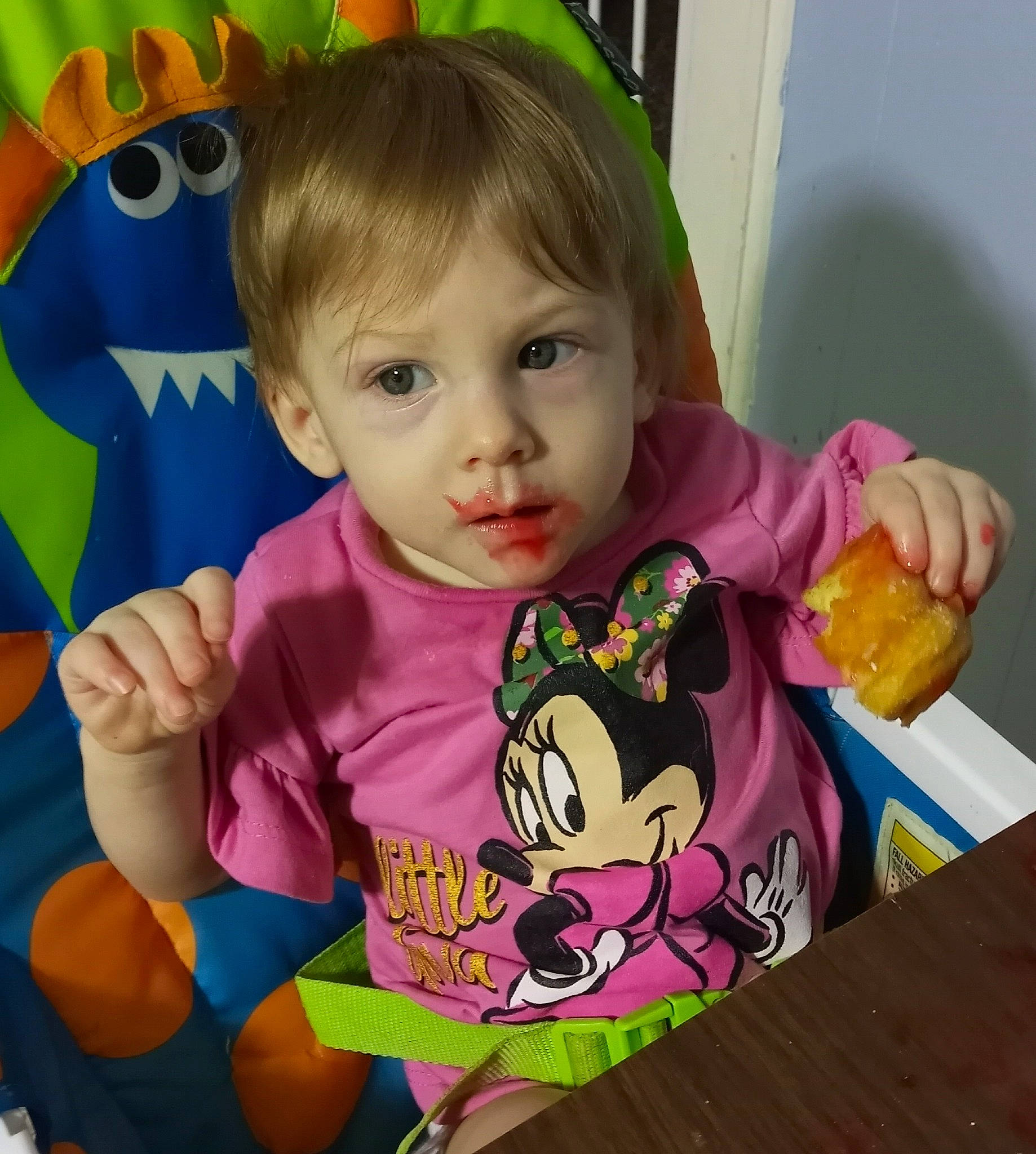 Betty is registered to the contest to win money with this photo: baby, baby_products, baby_toddler_clothing, cheek, child, comfort_food, cool, eyelash, food, fun, green, happy, person, pink, plate, play, sleeve, sweetness, t_shirt, tableware