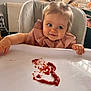 baby, child, clothing, curious, cute, expression, face, food, hair, high_chair, indoor, infant, ketchup, messy, pigtails, radiator, smile, table, tray, window
