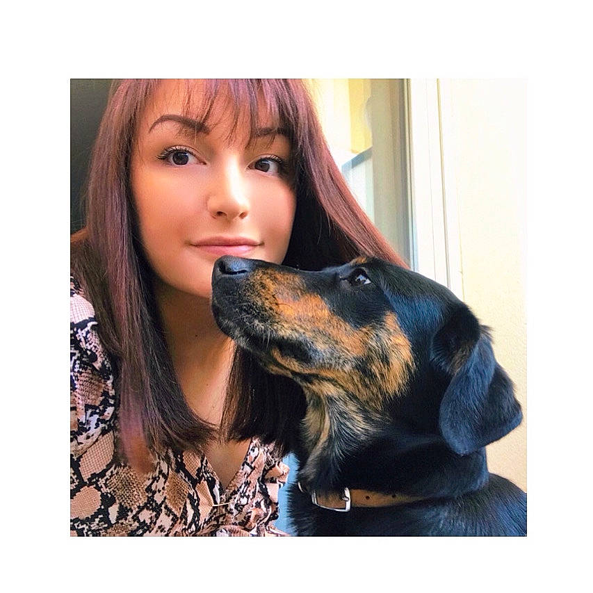 Raksha participe au concours pour gagner de l'argent avec cette photo : bangs, black_hair, carnivore, companion_dog, dog, dog_breed, ear, eye, eyelash, gesture, happy, jaw, liver, long_hair, makeover, selfie, smile, snout, step_cutting, working_animal