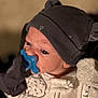 baby, pacifier, hat, gloves, clothing, infant, cute, face, portrait, newborn, child, warm, soft, closeup, sleepwear, adorable, headwear, young, indoors, cozy