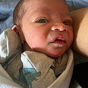 Kenan is registered to the contest to win money with this photo: newborn, baby, infant, face, wrapped, blanket, closeup, expression, curious, skin, human, person, soft_light, indoors, cozy, sleepwear, head, young, cute, portrait