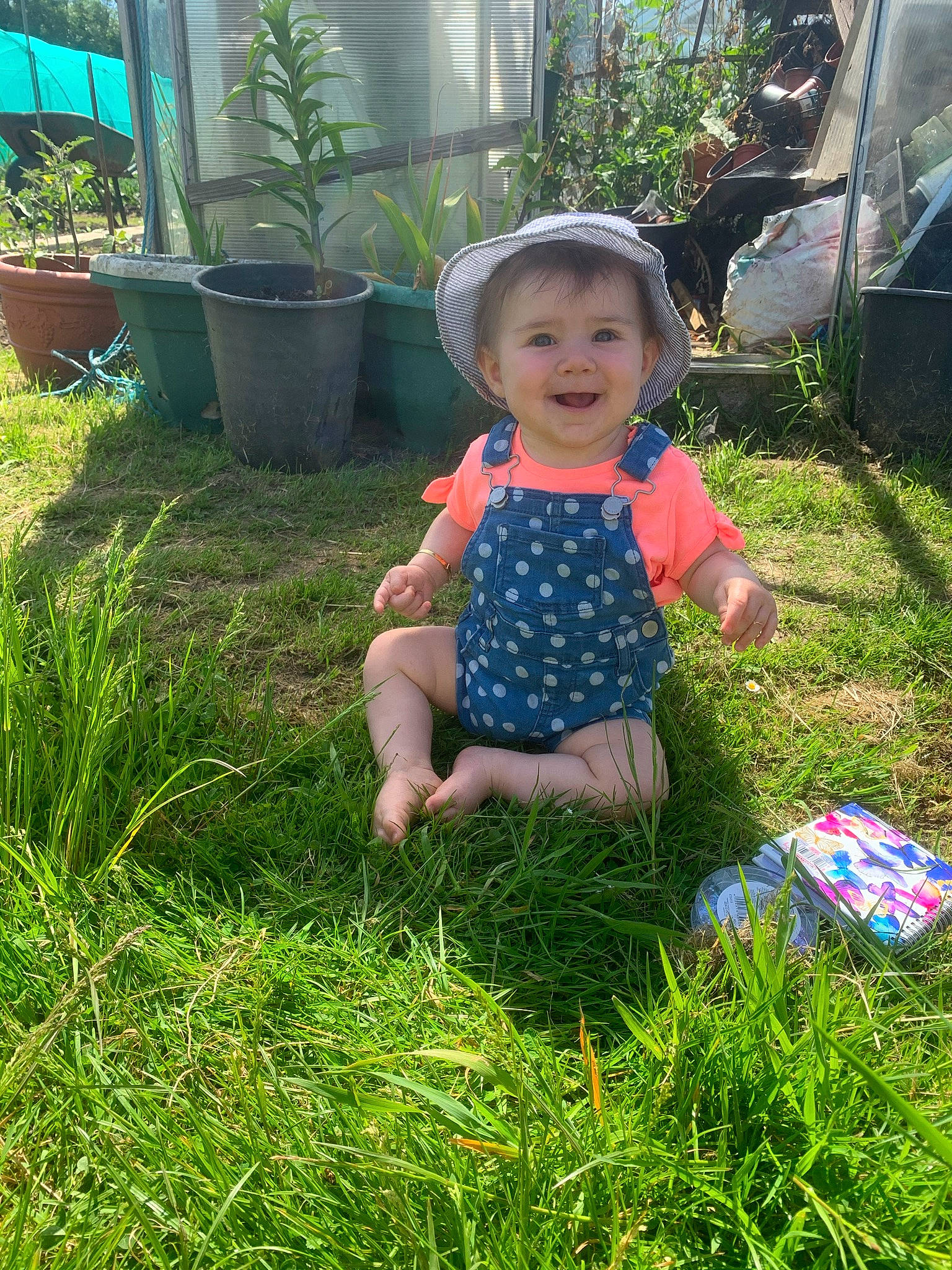 Lilly-rose is registered to the contest to win money with this photo: baby_toddler_clothing, car, chair, flowerpot, fun, grass, groundcover, happy, hat, houseplant, joy, lawn, leaf, leisure, people_in_nature, person, plant, smile, summer, t_shirt