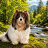 animal, canine, dog, flower, forest, grass, greenery, moss, mountain, nature, outdoor, peaceful, river, scenery, shaggy_fur, stream, summer, sunlight, tree, wildflowers