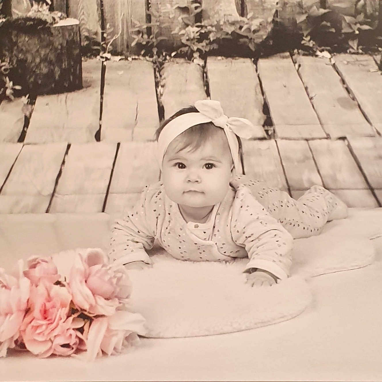 Louciana participe au concours pour gagner de l'argent avec cette photo : baby, background, bow, child, cozy, cute, decor, face, flowers, headband, indoors, infant, lying_down, pink, plush, portrait, props, soft_surface, wooden_floor, young