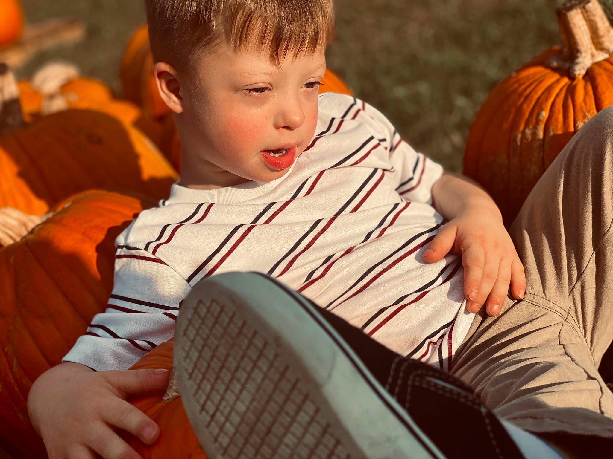 Allen is registered to the contest to win money with this photo: arm, calabaza, child, comfort, cucurbita, eye, facial_expression, fun, gourd, grass, hairstyle, hand, happy, head, human_body, leisure, orange, person, sitting, t_shirt