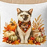 cat, feline, autumn, fall, pumpkins, leaves, acorns, plaid_bandana, scarf, cushion, chair, indoor, cozy, seasonal, harvest, orange, white, sitting, decorative_pillow, illustration