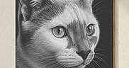 Freddy joined the competition — help win amazing prizes! animal, artwork, black_and_white, cat, drawing, ears, eyes, face, feline, framed_art, fur, hanging, home_decor, indoor, portrait, serious_expression, signature, wall, wall_art, whiskers
