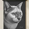 cat, portrait, wall_art, hanging, framed_art, black_and_white, feline, animal, face, eyes, ears, whiskers, fur, home_decor, indoor, wall, artwork, drawing, signature, serious_expression