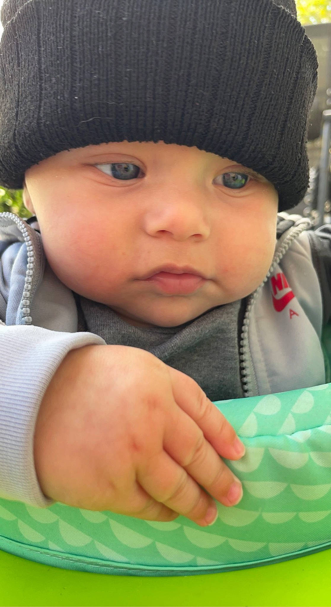 Demetrius joined the competition — help win amazing prizes! baby, baby_toddler_clothing, beauty, blue, cap, cheek, child, comfort, eye, facial_expression, green, headgear, headwear, organ, outerwear, person, photograph, skin, sleeve, snapshot