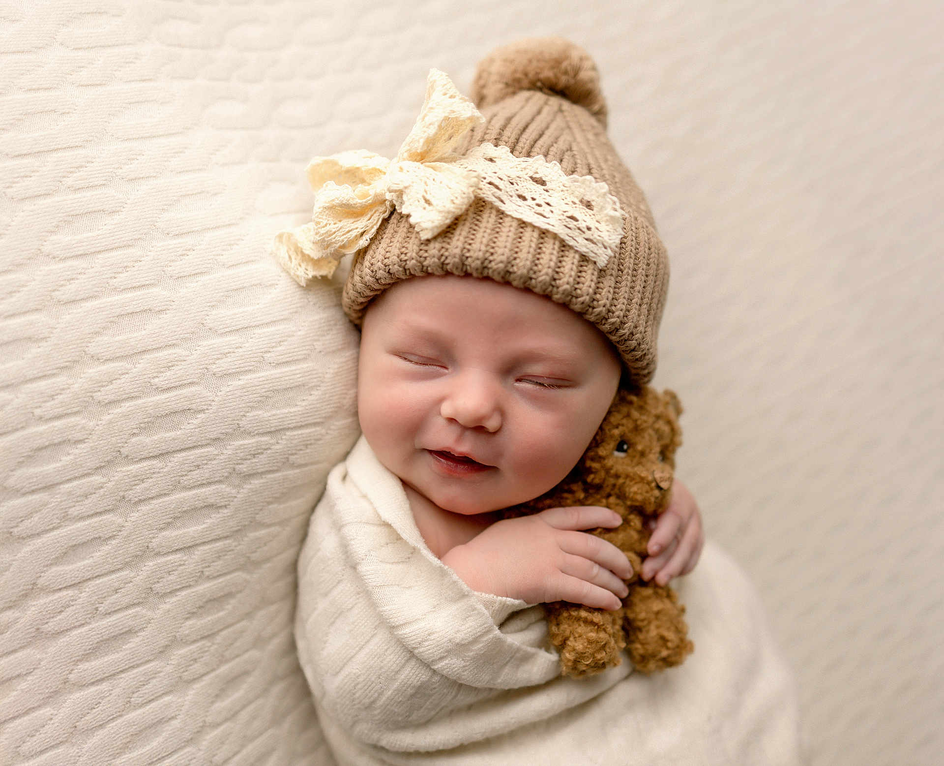 Naevee joined the competition — help win amazing prizes! baby, newborn, sleeping, hat, knitted_hat, lace_bow, blanket, wrapped, teddy_bear, soft_texture, cream_color, peaceful, cute, infant, portrait, child, cozy, adorable, hand, smile