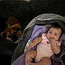 Aleena joined the competition — help win amazing prizes! baby, infant, dog, pet, purple_blanket, baby_carrier, couch, smile, happy, face, person, indoor, furniture, cute, child, animal, relaxing, home, comfort, cozy