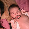 baby, infant, beard, digital_edit, blanket, unicorn, bed, pillow, face, facial_hair, humor, lying_down, person, child, cute, indoors, sleepwear, pink, closeup, skin