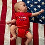baby, infant, onesie, red_clothing, american_flag, stars, stripes, lying_down, cute, child, newborn, patriotic, holiday, celebration, skin, person, small_child, indoor, fabric, background