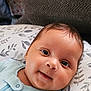 Myla is registered to the contest to win money with this photo: baby, infant, smile, face, eyes, skin, clothing, pillow, pattern, closeup, child, cute, happy, young, person, indoors, head, expression, portrait, cozy