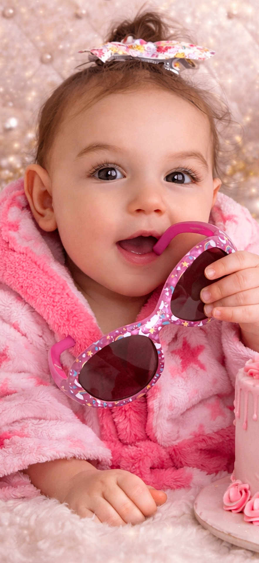 Nelya a rejoint le concours — aidez-le/la à gagner de superbes lots ! baby, toddler, child, portrait, pink_robe, sunglasses, toy_sunglasses, bow, hair_bow, cake, frosting, blanket, fuzzy_texture, closeup, rosy_cheeks, big_eyes, eyelashes, smiling, hand, indoor