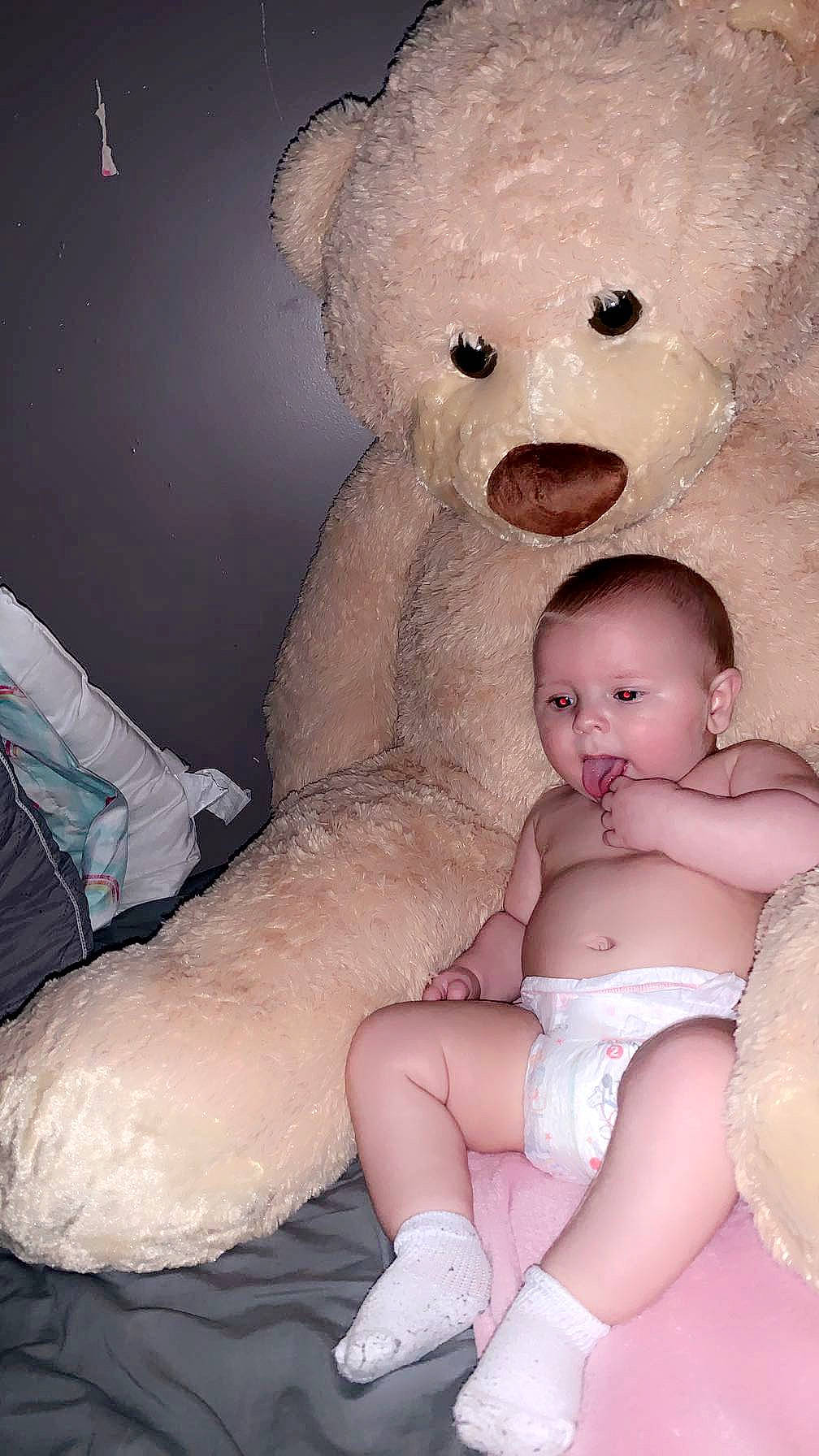 Brantley joined the competition — help win amazing prizes! abdomen, baby, baby_toddler_clothing, chest, comfort, eye, face, happy, head, human_body, mammal, person, pink, skin, stomach, stuffed_toy, teddy_bear, toddler, toy, trunk