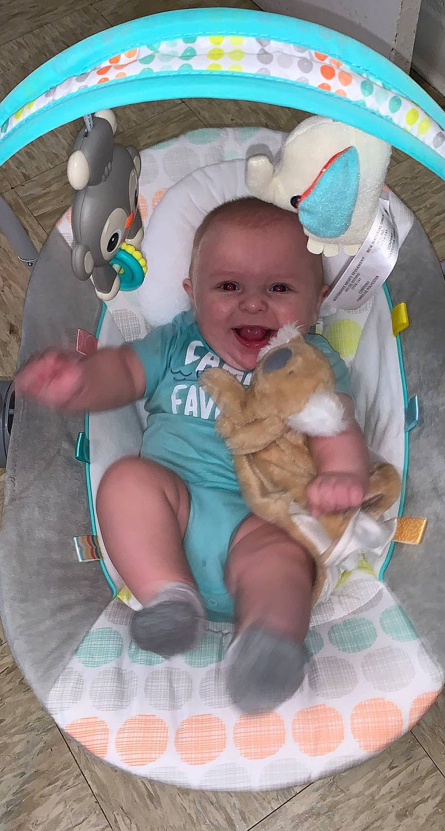 Brantley joined the competition — help win amazing prizes! baby, baby_carriage, baby_products, baby_toddler_clothing, child, circle, comfort, event, fun, happy, joy, lap, leisure, person, pink, sitting, skin, smile, stuffed_toy, thigh