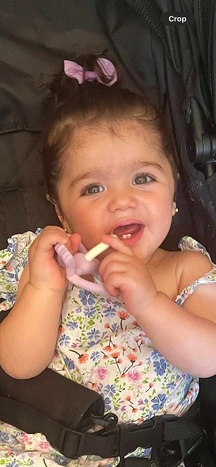 Aleyna is registered to the contest to win money with this photo: baby, child, female, teething_toy, stroller, floral_dress, smiling, happy, cute, infant, hair_tie, portrait, young_child, chewing, seatbelt, closeup, indoors, person, skin, hand