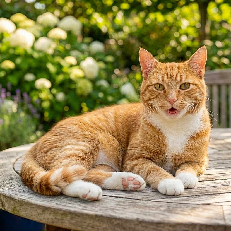 Boly a rejoint le concours — aidez-le/la à gagner de superbes lots ! blanket, cat, chair, feline, flowers, garden, ginger_cat, greenery, hydrangea, outdoor, paws, pet, portrait, potted_plant, relaxed, succulent, sunlit, tabby, whiskers, wooden_table