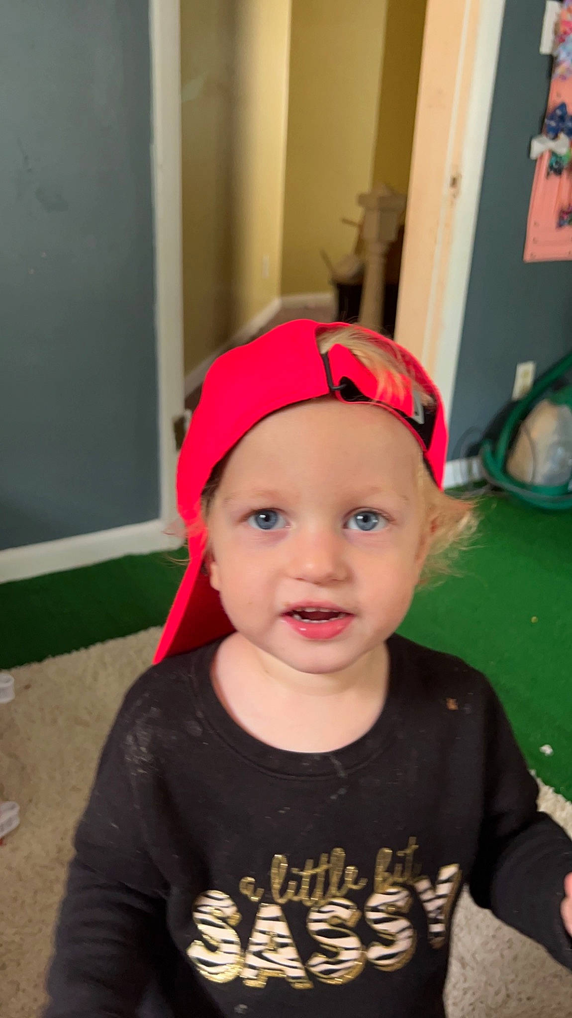 Sophia is registered to the contest to win money with this photo: baby, baby_toddler_clothing, cap, cheek, clothing, eye, eyebrow, eyelash, eyewear, face, forehead, fun, happy, headwear, lip, mouth, nose, person, personal_protective_equipment, smile